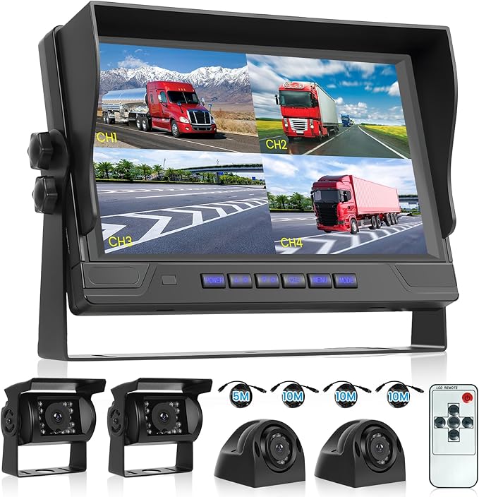 RV Backup Camera System 1080P, Hodozzy 9 Inch 4 Split Screen Monitor System, Waterproof 4 Reverse Cameras Night Vision Reversing Camera Kit for Car Truck/Trailer/Bus Truck/RV, DVR Loop Recording