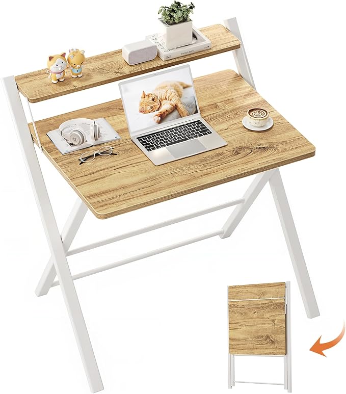 GreenForest Folding Desk No Assembly, Sturdy Computer Desk for Small Spaces | Portable Foldable Table for Laptop, 2-Tier Compact with Shelf, Space Saving for Home Office, Dorm, Apartment, 27.3"x 22" Oak