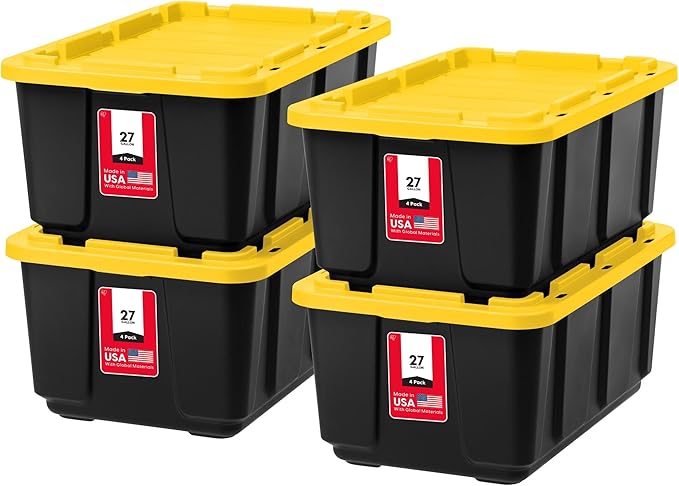 IRIS USA 4-Pack 27 Gallon Storage Bins with Lids |Made in USA| Heavy Duty Plastic Tote Containers for Truckbed Tool Box Organization, Large - Black/Yellow