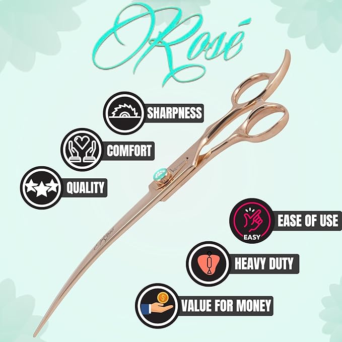 Kenchii Rose Dog Grooming Scissors, 8 Inch Curved Shears, Dog Scissors for Grooming, Ergonomic Design for Comfort and Precision, Heavy Duty, Durable and Sharp