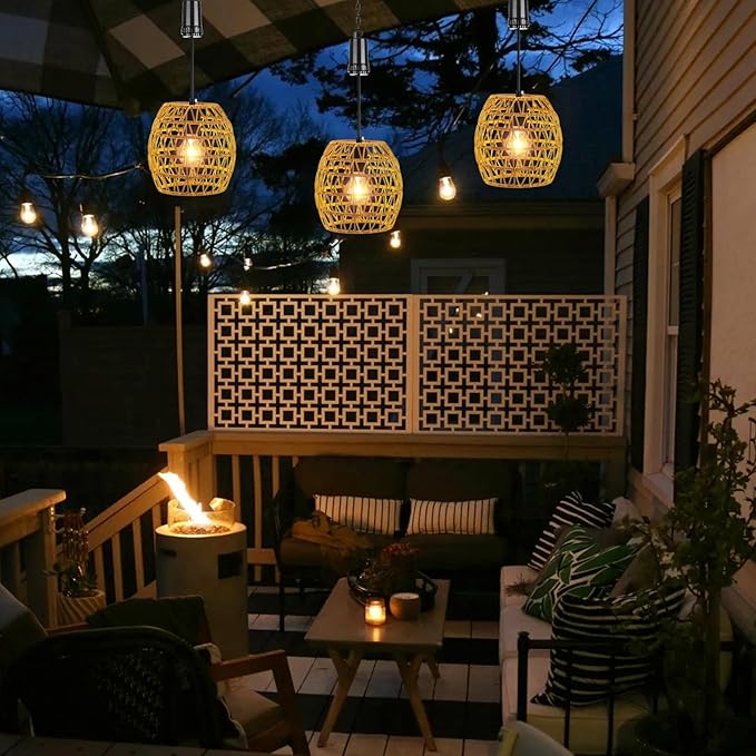 Larekook 6 Hours Timer Battery Operated Pendant Light with Warm White Bulb,Seagrass Woven Large Outdoor Hanging Rattan Lantern Waterproof,Battery Operated Chandelier for Patio Gazebo Tree Garden Decor