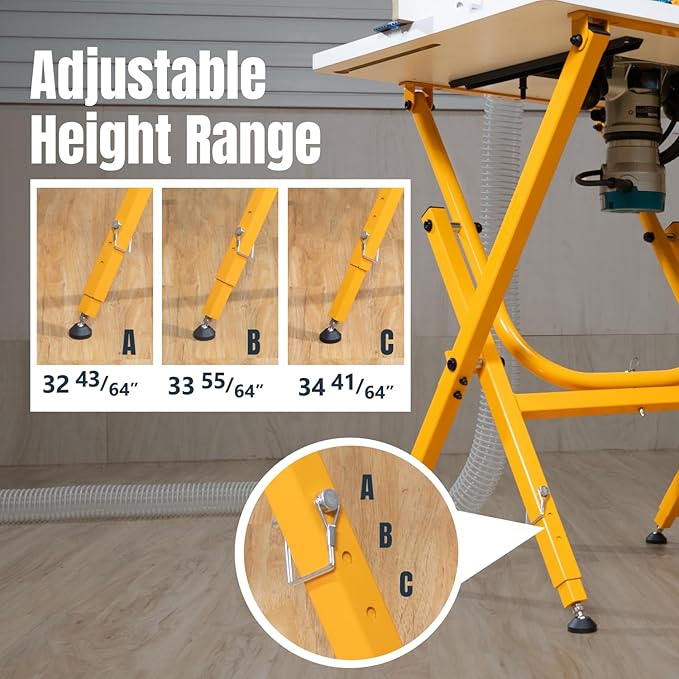 POWERTEC Folding Work Stand for Router Tabletop - Adjustable Height 32.7" to 35", Heavy Duty Steel, Portable Workbench Stand (UT1010)