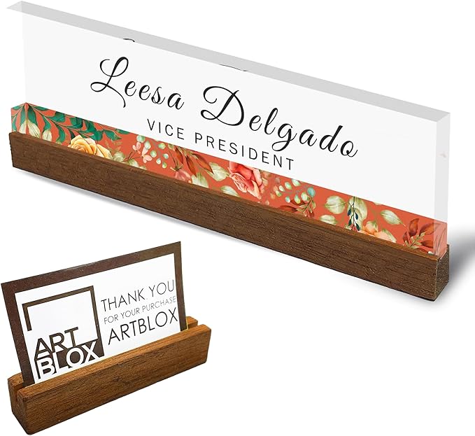 Artblox Personalized Office Desk Name Plate and Business Card Holder | Clear Acrylic Glass with Teak Wood Stand | Flower Stripe Design Customized with Your Name and Credentials Office Desk Décor