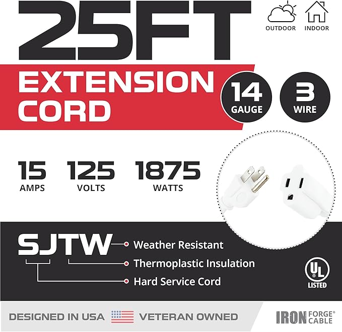 Iron Forge Cable Weatherproof 25 Ft Outdoor Extension Cord - 14/3 SJTW Heavy Duty White Extension Cord 3 Prong - 15 Amp Exterior Power Cable