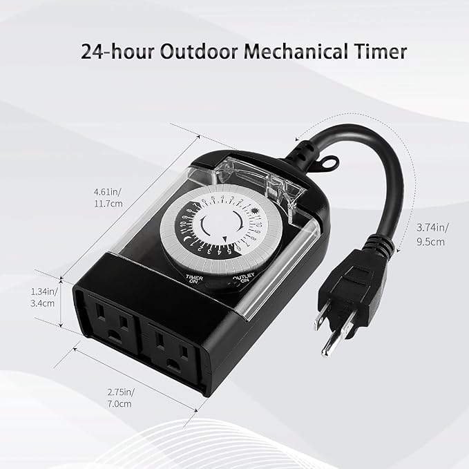 Outdoor Timer Outlet Waterproof, 24 Hour Mechanical Timer Outlet for Home and Garden, 2 Grounded, 15A 3/4HP, Black, 2 Pack