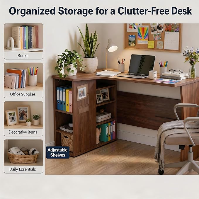 Garvee L Shaped Desk with Storage Shelves, Small Corner Desk for Small Spaces, Corner Table with 3 Tier Shelves, Home Office, Writing Study Gaming Desk, Walnut Wood