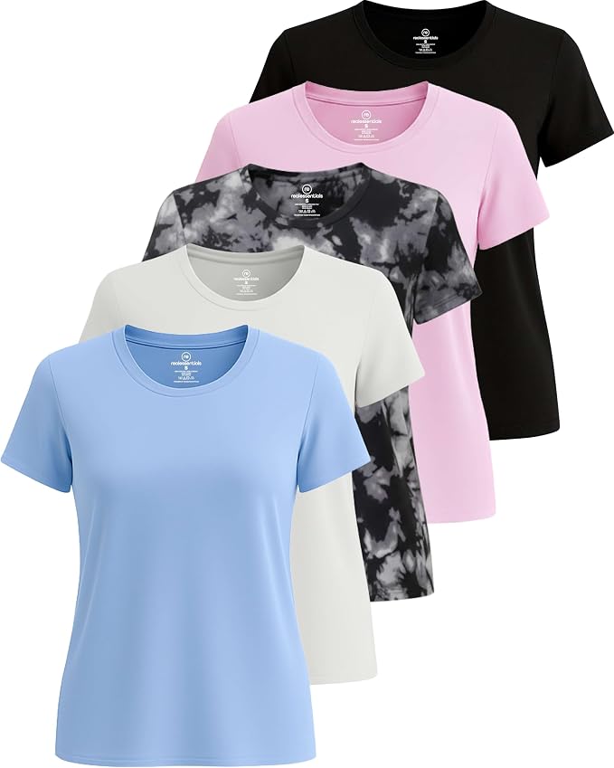 5 Pack Women's Dry Fit Short Sleeve Athletic Gym Workout Running Tops | Available in Plus Size, Exercise, Sports, Fitness, Quick Dry, Cooling, Moisture Wicking, Loose Basic Tees, Yoga, Pilates