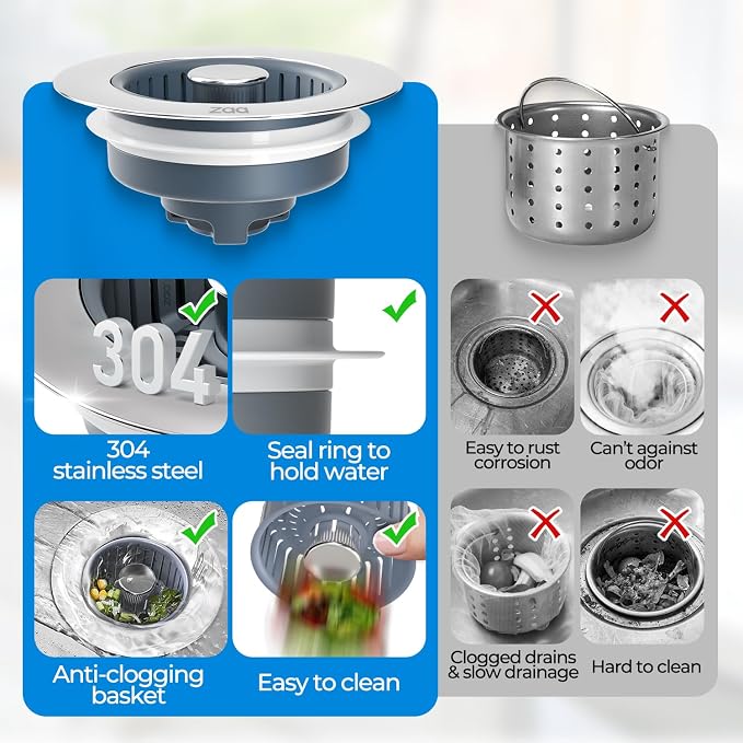 zaa 3 in 1 Kitchen Sink Drain Strainer Stopper Removable Basket Pop-Up | Kitchen Sink Accessories 1 Pack Silver Stainless - Food Catcher, Odor-Blocking Seal, Fits 3.5" Drain, Easy Clean