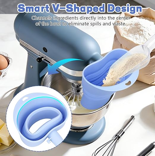 No-Mess Flour Funnel for Kitchen Aid Mixer Set with Scoop, Extended Mouth Foldable Flour Funnel for Kitchenaid Stand Mixer Attachments for 4.5-7 Quart KSM150, Dishwasher Safe Pouring Chute