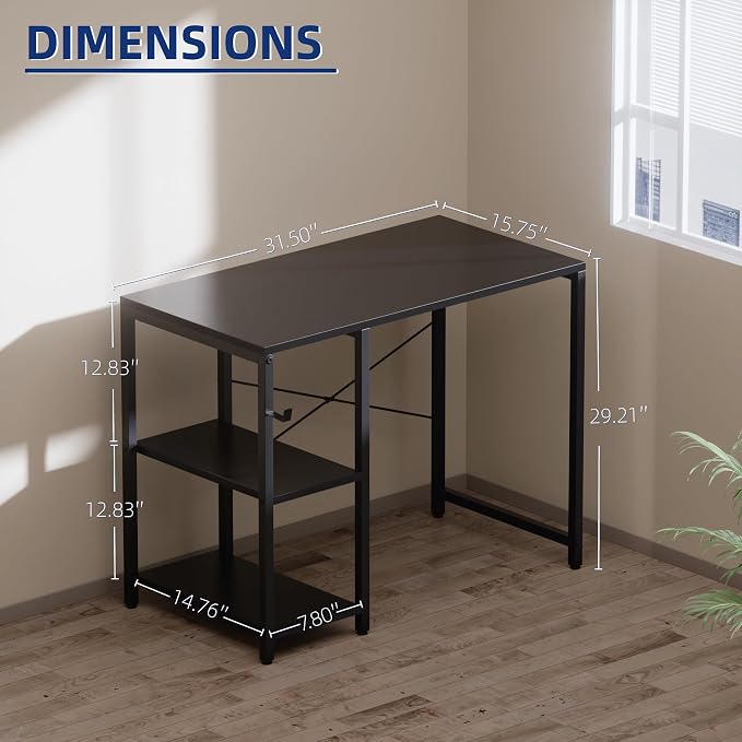 Pamray 32 Inch Small Computer Desk with Shelves for Bedroom Small Spaces | For Home Office, Dorm and Apartment, for Study and Writing, Headphone Hook, Space-Saving, Compact, Easy Setup