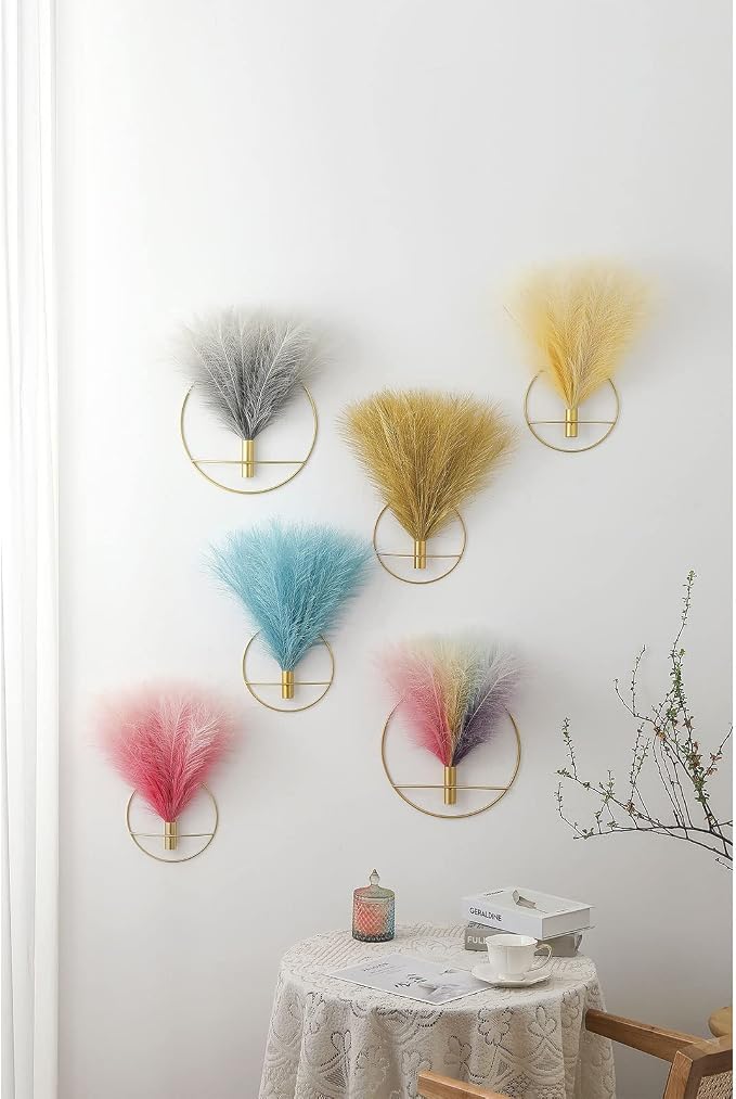 Pretty Jolly Boho Pampas Wall Decor Gold Metal Wall-Mounted Art | Morden Artificial Greenery Display，2 Pack Pink Hanging Planter For Living Room, Bedroom, Bathroom, Dining room