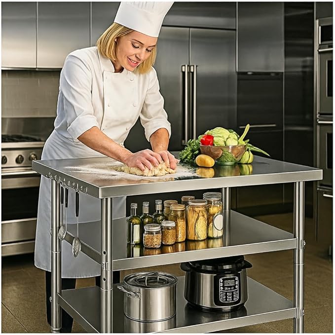 Stainless Steel Table with Wheels for Food Preparation and Work, Multi-Size Optional, Three-Layer Variable Two-Layer Metal Commercial Workbench Outdoor, Restaurant, Kitchen