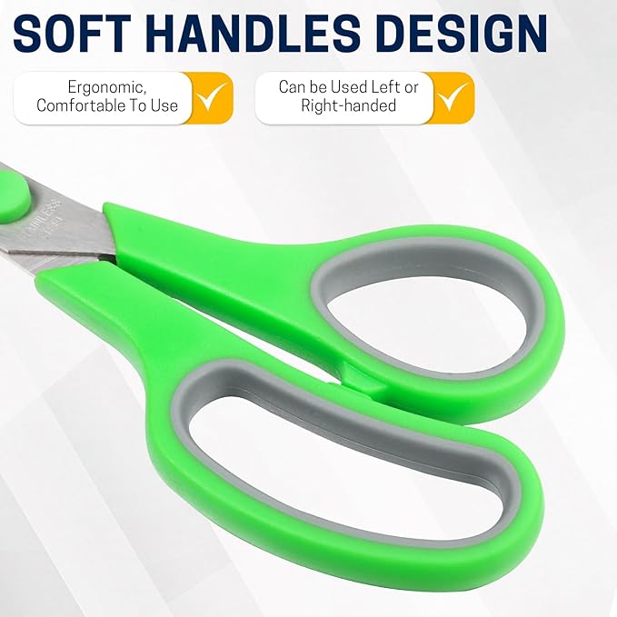 24-Pack 8" All Purpose Heavy Duty Sharp Scissors Bulk for Office School Home Stainless Steel Blades Safety Soft Grip Handles,Right/Left Handed Scissors
