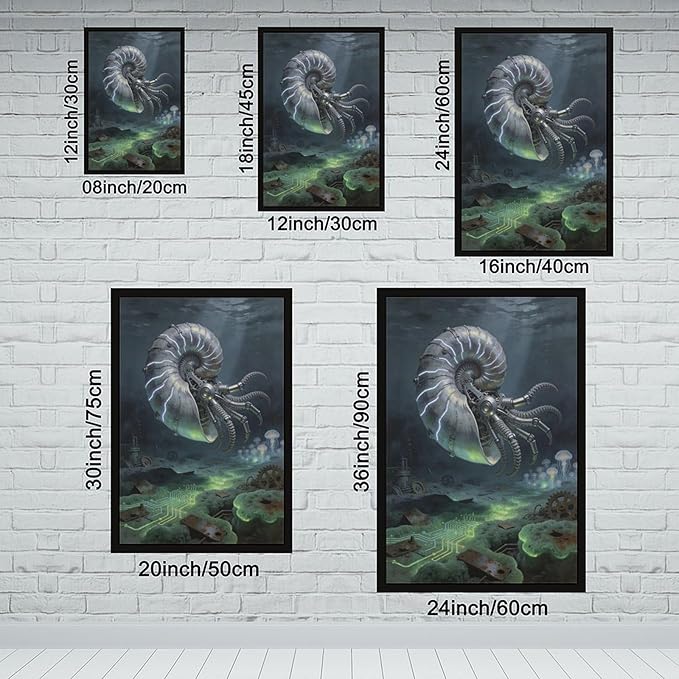 Framed Steampunk Mechanical Nautilus Wall Art - Underwater Industrial Poster for Man Cave Studio Decor 24x36in
