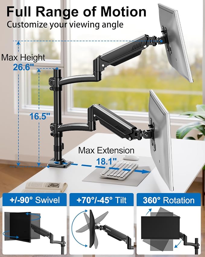 Dual Monitor Stand for Computer Screen up to 32", Holds 22 lbs Each | Taller Monitor Arms Desk Mount, Height Adjustable Gas Spring VESA Mount with C-clamp Grommet Mounting, Black, Freelift
