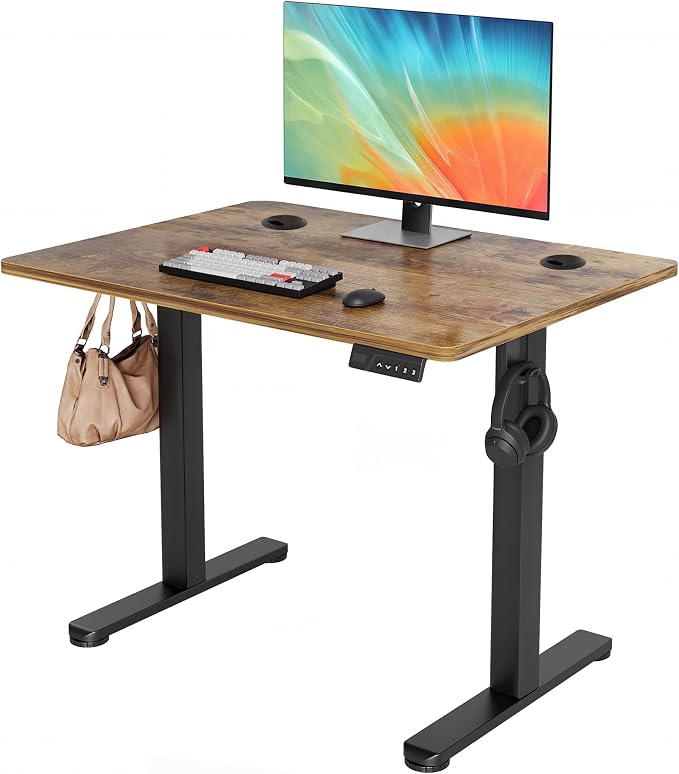 YDN 32 x 19 Inch Rustic Brown Electric Standing Desk | Adjustable Height, Sit Stand, Cable Management, Ergonomic, Home Office