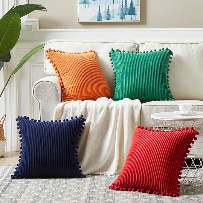 Fancy Homi 2 Pack Burnt Orange Lumbar Decorative Throw Pillow Covers 14x24 Inch with Pom-poms for Couch Bedroom Sofa, Soft Corduroy Rectangle Cushion Case 35x60 cm, Farmhouse Boho Fall Home Decor