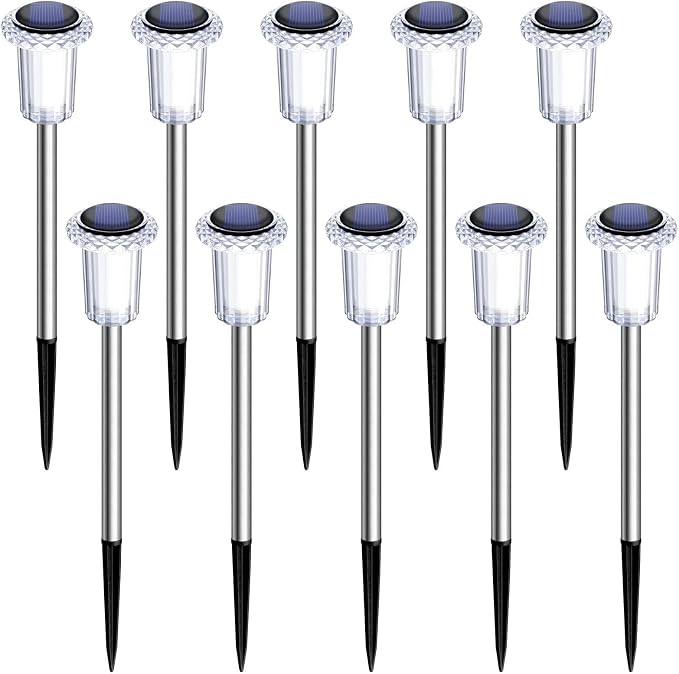 DenicMic 10 Pack Solar Pathway Lights Outdoor Waterproof Warm White LED | Stainless Steel Stake Lights for Garden Patio Backyard Driveway Walkway Lawn Auto On/Off 3000K Diamond-like Acrylic Lens