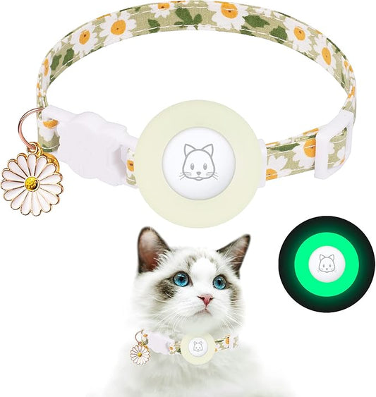 Airtag Cat Collar, JXFUKAL Kitten Collar Breakaway with Silicone Airtag Holder, Bells & Flower Charm for Girl Cats Boy Cats Small Dogs(Luminous Green)