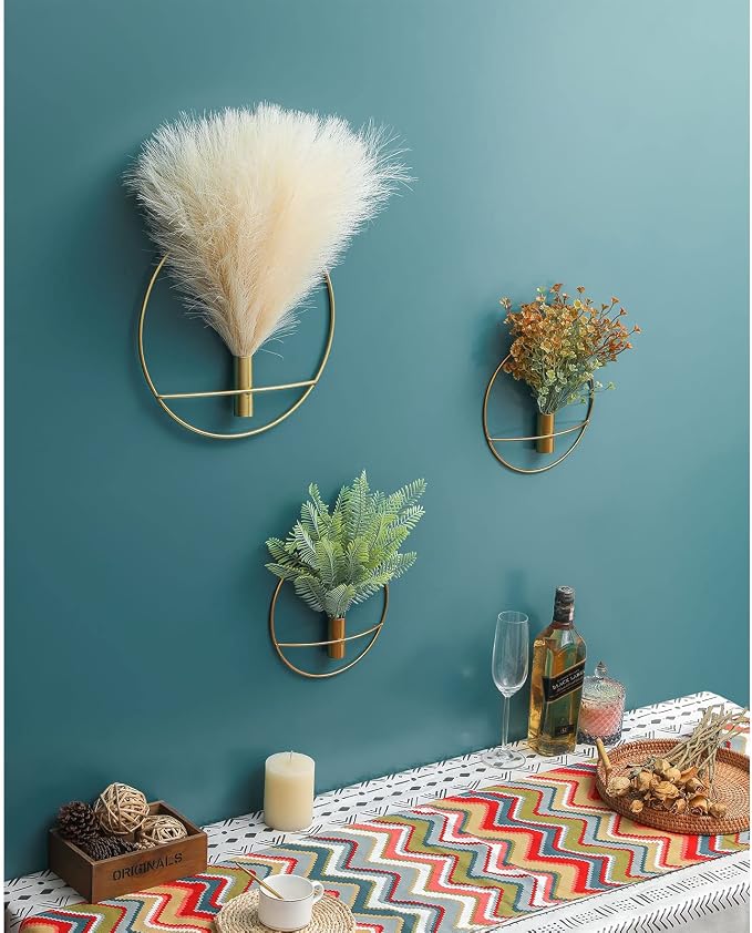 Pretty Jolly Boho Pampas Wall Decor Gold Metal Wall-Mounted Art | Morden Artificial Greenery Display，2 Pack Beige Hanging Planter For Living Room, Bedroom, Bathroom, Dining room