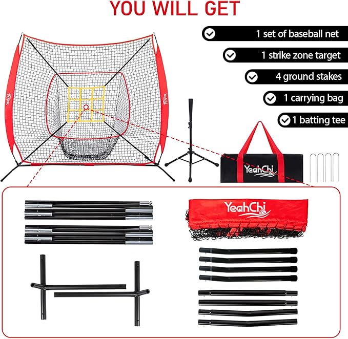 7×7FT Baseball Net with Batting Tee and Strike Zone Target, Portable Hitting Pitching Batting Training Net, Baseball and Softball Training Equipment,Suitable for All Skilled Levels