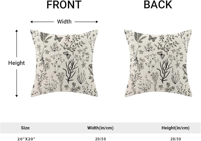 AEIOAE Spring Pillow Covers 20x20 Inch Set of 2,Black Gray Wild Flower Plant Throw Pillows Case,Seasonal Floral Outdoor Decorative Square Linen Farmhouse Decor Cushion Covers for Home Sofa Bed Couch