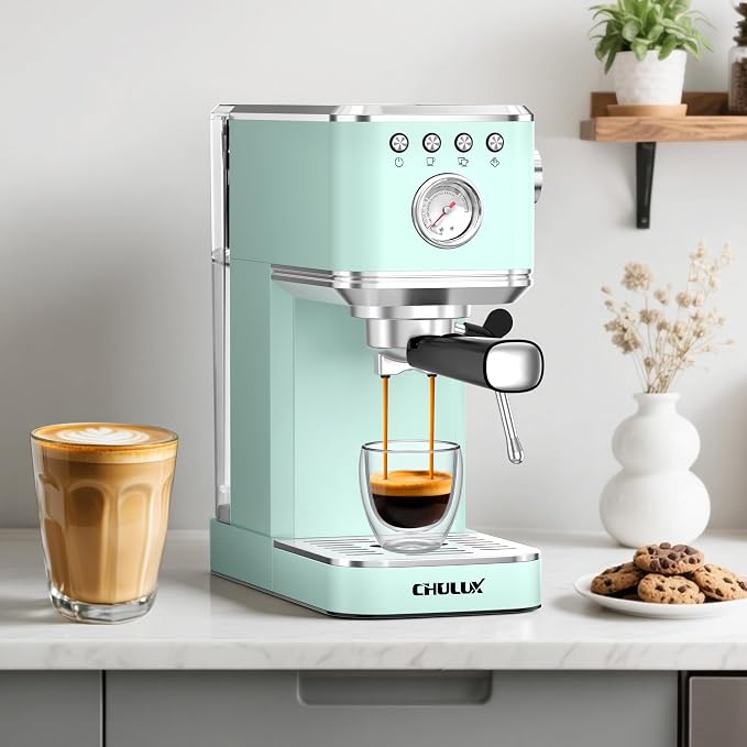 CHULUX Slim Espresso Machine with Milk Frother for Home Latte, Pastel Green | Precise Pressure Gauge, Food-Grade Materials, 20 Bar Italian Pump, Professional Temperature Control System, Stainless Steel