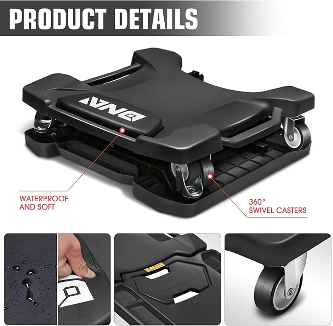 DNA Motoring 41inch Low Profile Plastic Rolling Garage Shop Creeper with Padded Headrest, Tool Trays & 6pcs Casters, Foldable Creeper, TOOLS-00637-BK