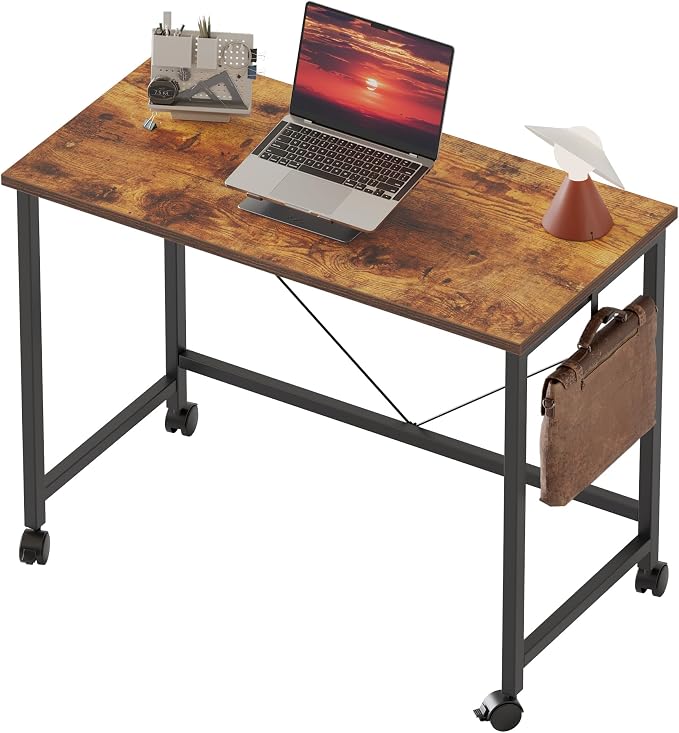 Mericonia 32x16 Inch Computer Desk with Wheels, Small Simple Rolling Desk | Writing Table for Home Office Bedroom Work Study, Brown