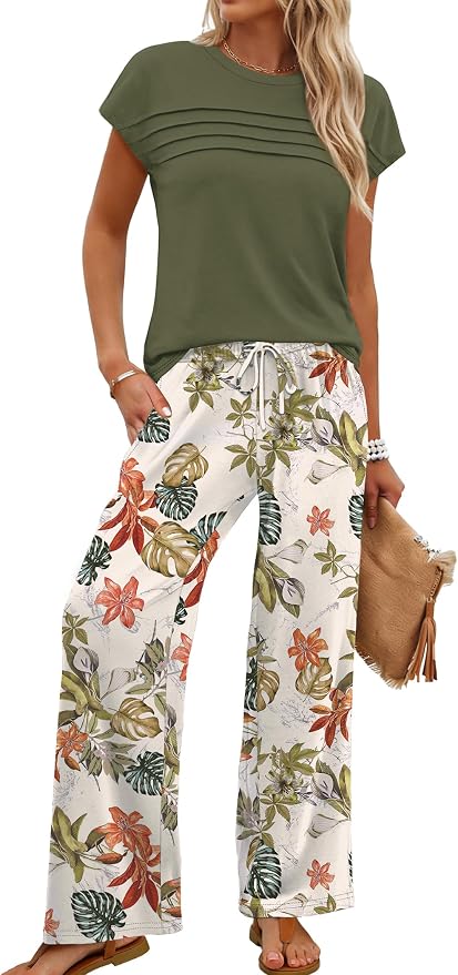 WIHOLL Two Piece Set for Women Summer Spring Outfits Matching Sets Women Clothing Airport Travel Vacation Wide Leg Pants