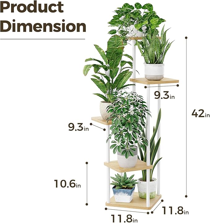Bamworld White Plant Stand Indoor 5 Tier Plant Shelf for Multiple Plants Corner Flower Stand Metal Wood Plant Table for Patio Garden Balcony Living Room Bedroom