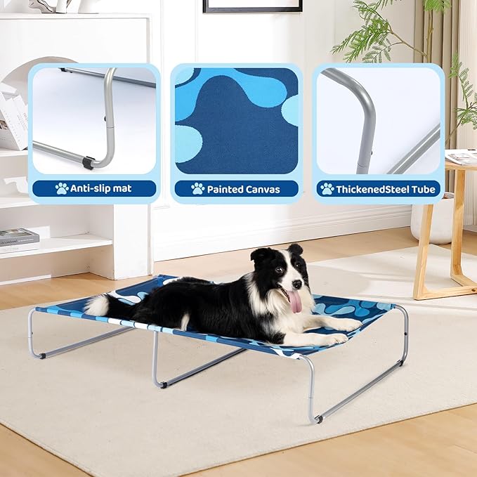 Elevated Dog Bed for Medium/Large Dogs 85lb,Cooling Raised Washable Dog Cot,Metal Frame, No-Slip Feet, Polyester Cotton,Indoor/Outdoor Pet Bed,43 * 26 * 7in, Clover Ocean Blue