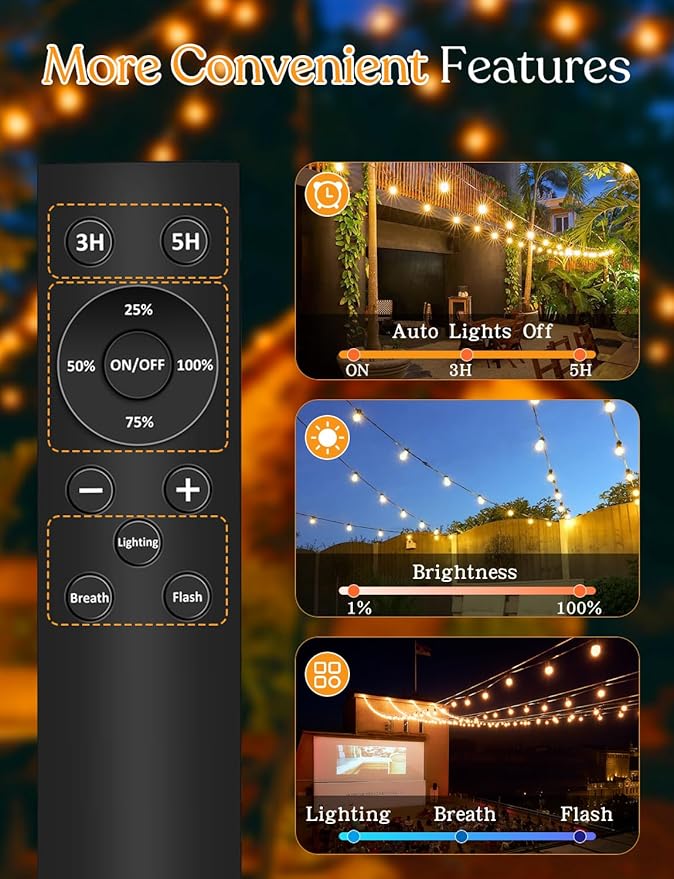 100ft Solar Outdoor String Lights with Remote - USB Rechargeable Solar Powered Outdoor Patio Lights, Larger 3.5W Solar Panel , Timer, Dimmable Shatterproof ST38 Bulbs for Backyard, Porch, Garden, Pool