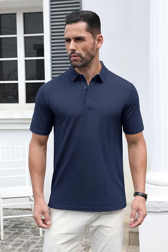 MAGCOMSEN Men's Polo Shirts Short Sleeve Cotton Pique 3 Button Classic Fit Casual T-Shirt Performance Golf Shirts