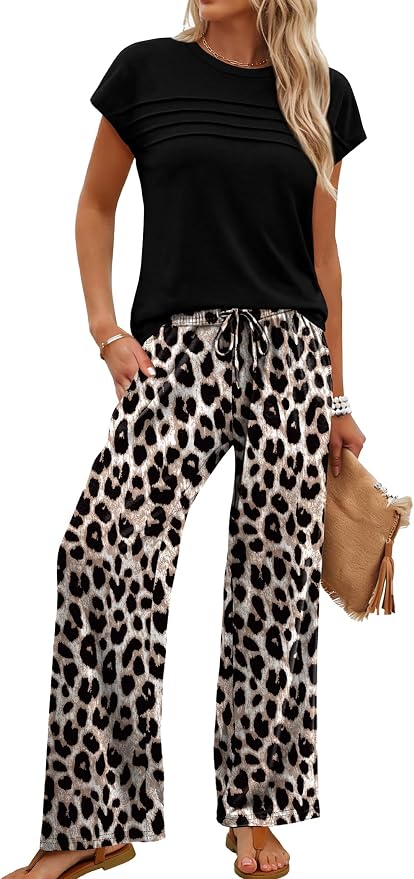 WIHOLL Two Piece Set for Women Summer Spring Outfits Matching Sets Women Clothing Airport Travel Vacation Wide Leg Pants