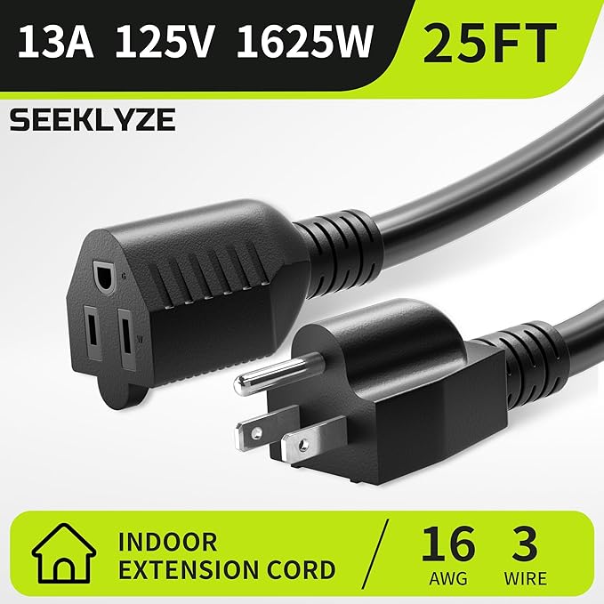 16/3 Black 25 FT Extension Cord, Indoor Extension Cord for Laptops, Coffee Makers, Office Home Appliances, 3 Prong Resistant Cable Flexible, 13A 125V 1625W ETL Listed