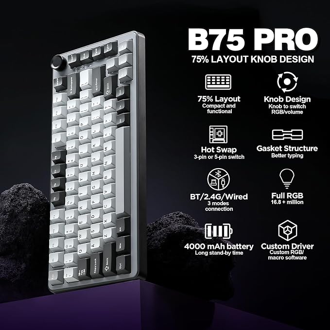 YUNZII B75 PRO 75% Wireless Mechanical Keyboard (Dark Grey,Milk Switch) | Hot Swap Keyboard with Knob, Gasket Mount, Creamy Pre-lubed Switch for Smooth Typing, BT/USB-C/2.4G, for Gaming