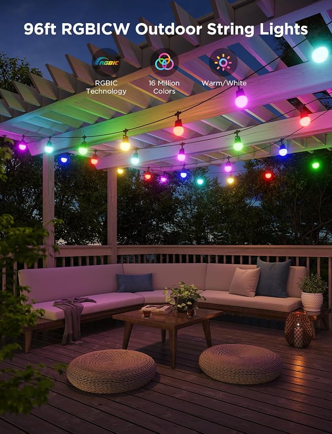 Govee Smart Outdoor String Lights 2, 96ft RGBIC Patio Lights with 30 Bulbs | Dimmable Warm White LED Bulbs, IP65 Waterproof, 47 Scene Modes for Backyard, Balcony, Work with Alexa, App Control