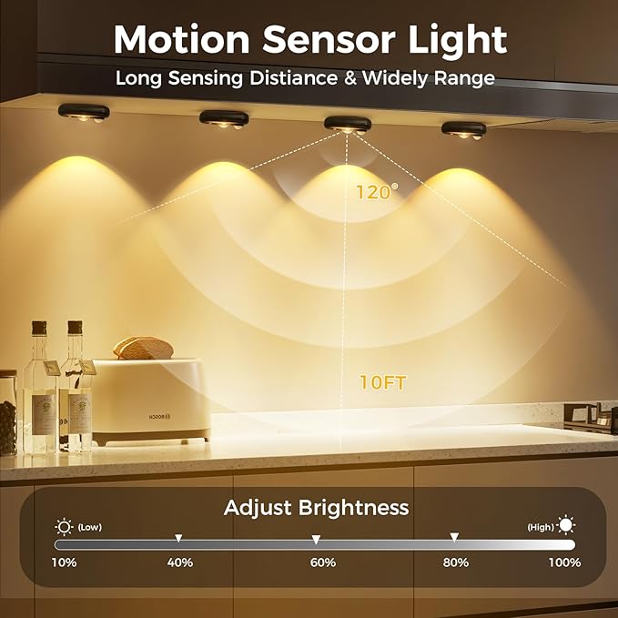 LED Motion Sensor Puck Lights, Small Rechargeable Under Cabinet Light, Dimmable Warm White Closet Lights, Wireless Under Cabinet Lighting for Drawer, Kitchen (8 Pack, Black)