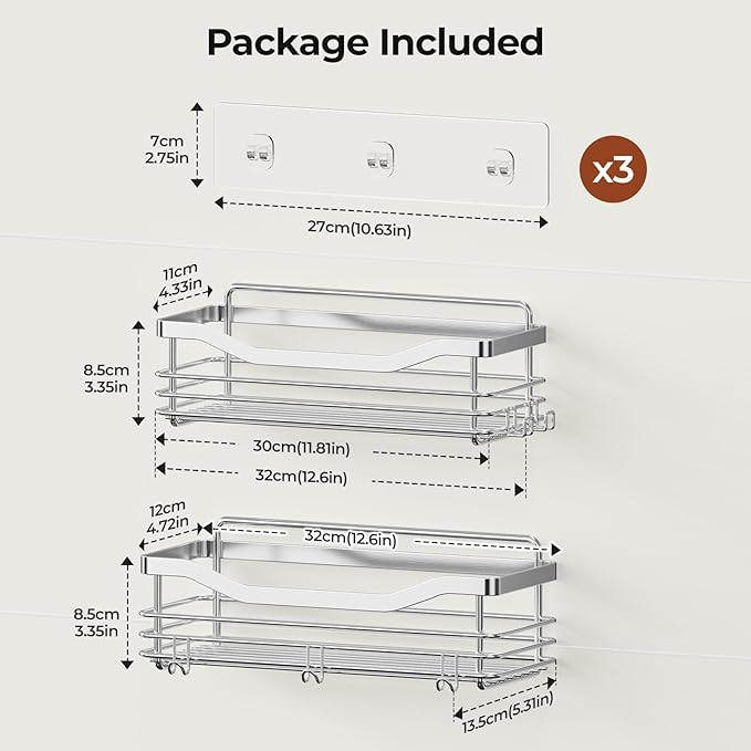 Orimade Shower Caddy Basket Shelf with 5 Hooks Adhesive Organizer Storage Rack Rustproof Wall Mounted Stainless Steel No Drilling for Bathroom, Toilet, Kitchen - 2 Pack
