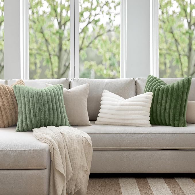 MIULEE Faux Fur Lumbar Throw Pillow Covers 12x20 Set of 2 Sage Green | Modern Soft Plush Couch Pillows, Cozy Fluffy Cushion Covers for Sofa Bed Living Room Home Decor