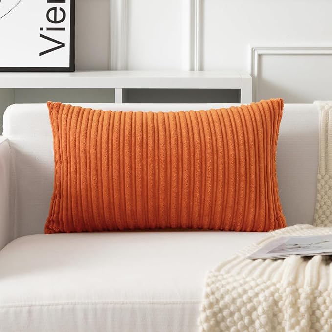 UGASA Fall 12x24 Inch Pillow Cover Pack of 1 Soft Boho Stripe Corduroy Long Rectangle Lumbar Cushion Case Farmhouse Decorative Throw Pilowcase for Bed, Couch, Sofa, Bedroom, Living Room, Dark Orange