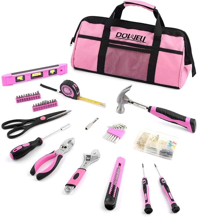 DOWELL Pink Tool Kit 140PCS for Women, Girls, Ladies, Household Tool Set with 14” Tool Bag