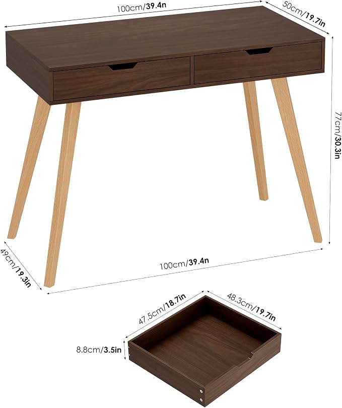 FOTOSOK White Computer Writing Desk with 2 Drawers, Small Desk Makeup Vanity Table Wood Desk with 4 Oak Legs, Modern Home Office Desk Console Study Table, Walnut