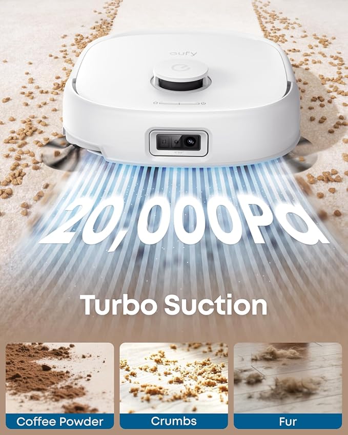 eufy E25 Robot Vacuum and Mop Combo, 20,000 Pa, HydroJet Roller Mop | Extendable Side Brush, All-in-One Station, AI Obstacle Avoidance, Zero-Tangle Design, Edge-to-Corner Cleaning, White