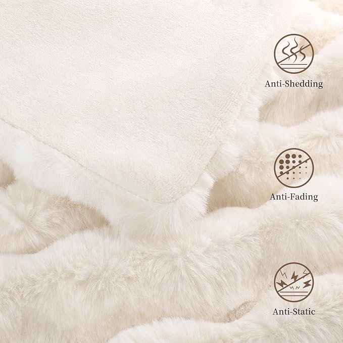 Faux Rabbit Fur Throw Blanket for Couch Gifts for Women 60"x80" Cream White | Cozy Reversible Fluffy Throw, Luxury Plush Thick Bubble Blanket, Mothers Gifts for Women, Soft Warm for Bed, Home Decor