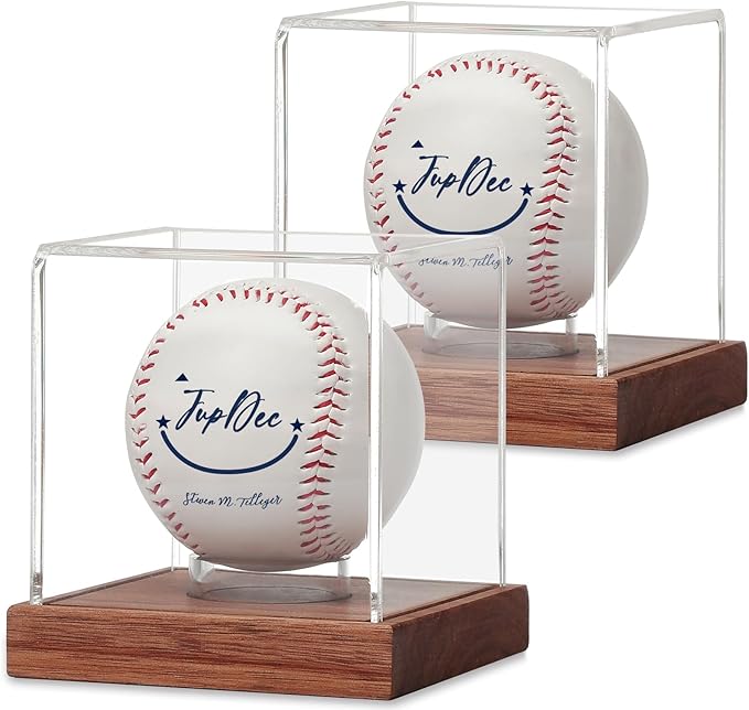 JupDec Baseball Display Case, Clear Cube Baseball Holder with Wooden Base, Autograph Baseball Stand Box for Single Ball, Acacia Wood, Brown, 2 Pack