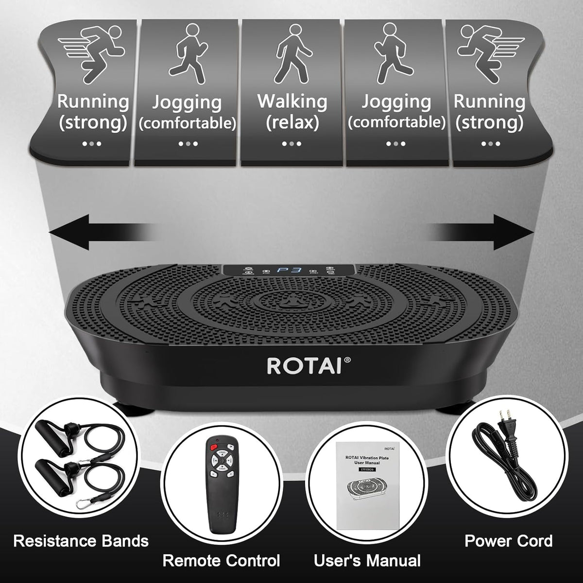 ROTAI Vibration Plate Exercise Machine - Full Body Fitness Platform for Weight Loss & Fat Burning | Adjustable Shake Plate in Black