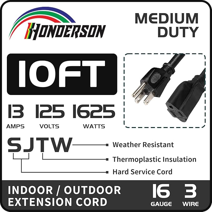 10FT Outdoor Extension Cord-16/3 SJTW Durable Black Extension Cord for Christmas Lights with 3 Prong Grounded Plug for Safety,Great for Outside Christmas Decorations