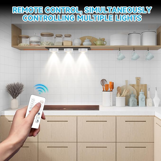 LED Puck Lights with Remote Control, Wireless Under Cabinet Lighting,Color Changing Lights with Dimmer and Timer, AAA Battery Operated Powered Push Night Lights (3 Pack White)